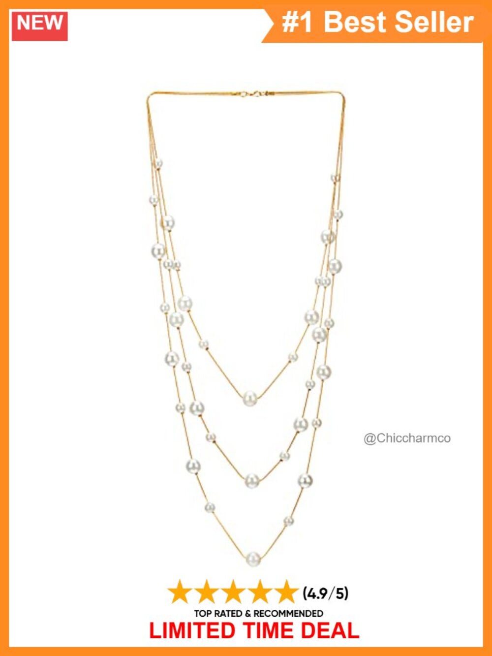 Three-Strand Pearl Necklace Gold-Tone Chain Lobster Clasp Formal